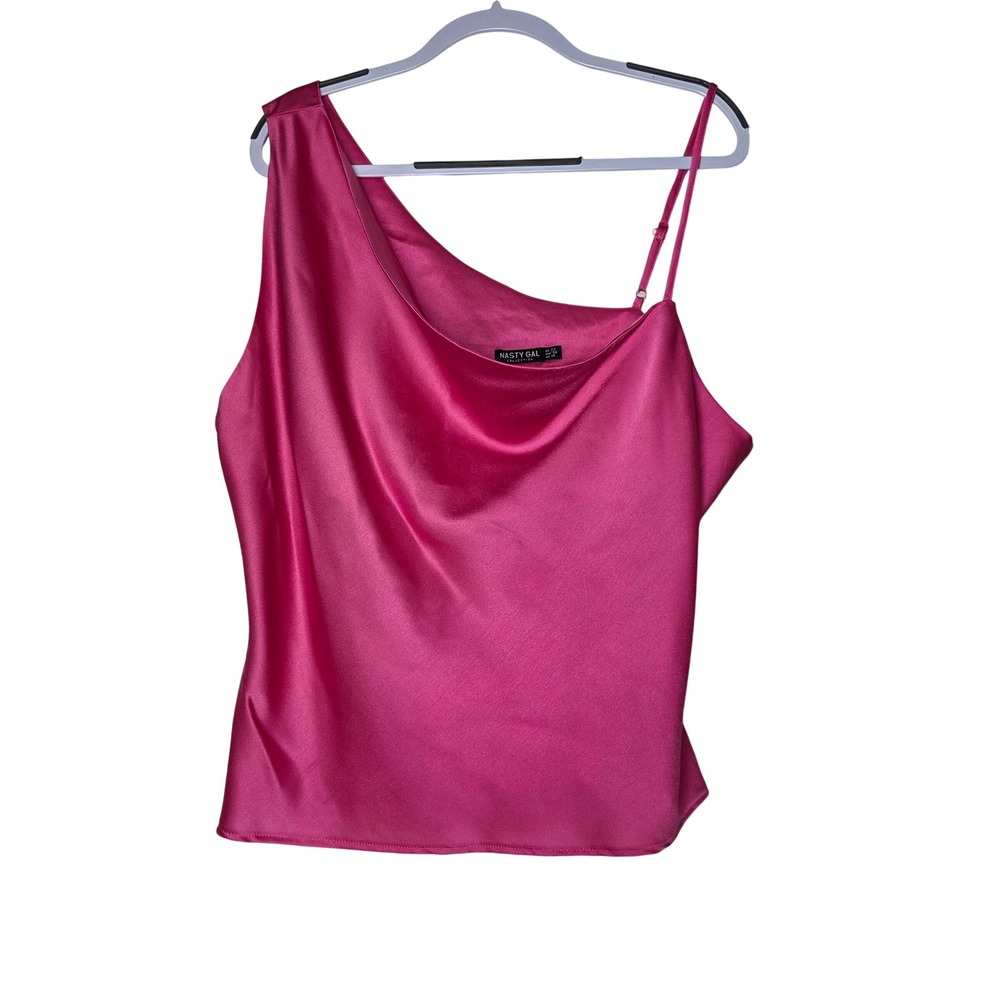 Nasty Gal Pink One Shoulder Satin Cowl Neck Top Plus Size 18 Hot Pink Barbiecore - Picture 1 of 11